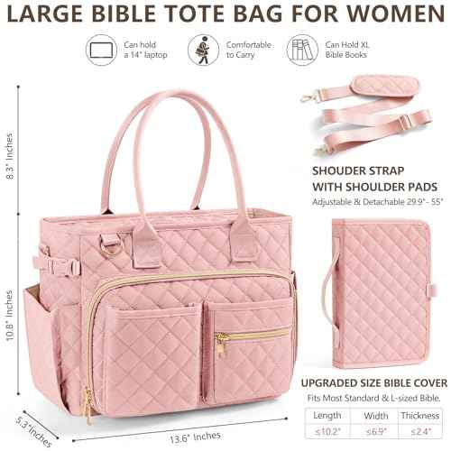Large Bible Bag with Bible Cover Case for Women, Quilted Church Tote Bag Bible Carrying Case w/Shoulder Strap, Bible Study Supplies Journaling Kit Bible Accessories Christmas Christian Gifts for Women