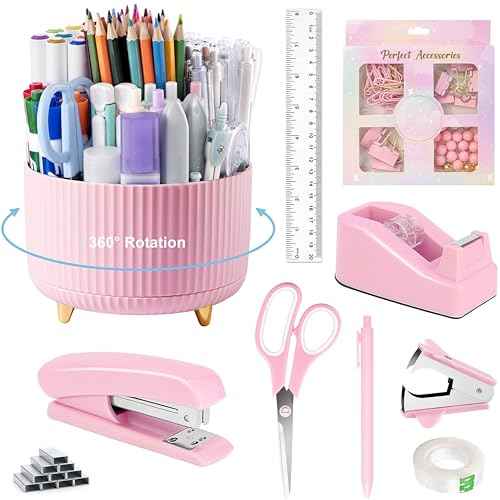 Pink Desk Accessories, Pink Office Supplies 360¡ÆPen Holder Desk Organizers And Accessories with Tape Dispenser, Stapler, Staple Remover, 1000 Staples, Tape, Clips Set, Ruler, Scissor, Pen