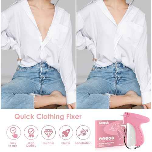Handheld Stitch Tag Gun for Clothes, Quick Clothing Fixer, Tagging, Sewing Kit Includes 6 Needle, 1000 Black Fasteners & 1000 White Fasteners, Pink