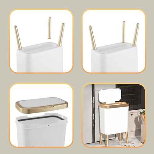 Procade Bathroom Trash Can with Lid, Plastic Garbage Can with Legs, 4 Gallon Gold Trash Bin with Push Button, Narrow White Trash Can Waste Basket for Bedroom, Living Room,Office£¬Dog Proof Trash Bin