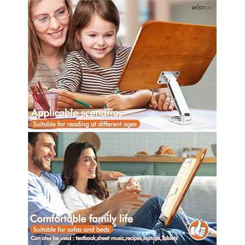Book Stand for Reading,Adjustable Book Holder with 360¡Æ Swivel Base,Book Stand for Desk,Rubber Wood,Large Panel,Elastic Clips,Sturdy,for textbooks,Sheet Music,Recipes,Tablets,laptops
