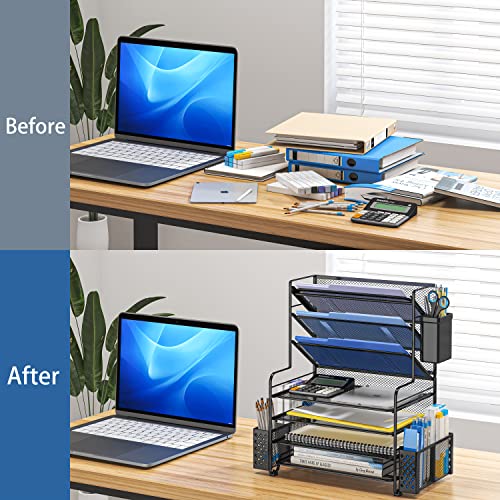 Simple Trending 7-Tier Desk File Organizer with Pen Holder - Black, Letter Tray & Metal Hanging Basket