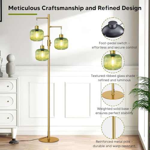 Gold Floor Lamp for Living Room, Dimmable Tree Standing Lamp with Green Glass Shape, Modern Tall Lamps for Bedroom, 3¡¿600LM LED Bulbs Included