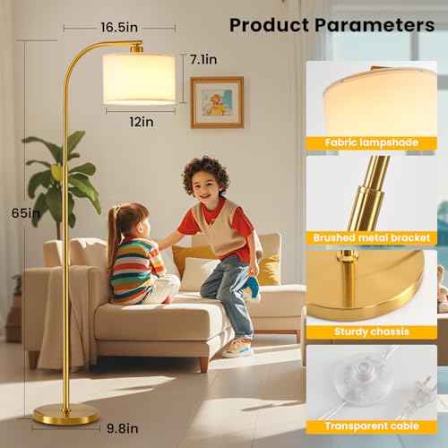 Tall Floor Lamp for Living Room,65'' Modern Standing Lamps with 9W LED Bulb,Dimmable Floor Light with Fabric Shade,Gold Tall Lamp for Bedroom Office Study Room Corner Dining Room