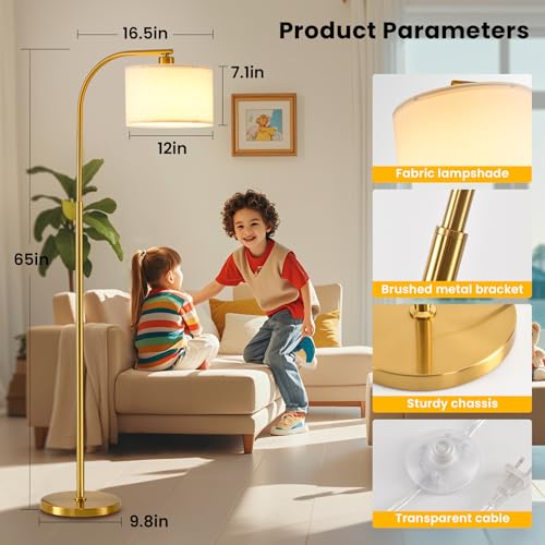KQW Gold Tall Floor Lamp with Fabric Shade & 9W LED Bulb - Modern Standing Light for Living Room & Bedroom - 3 Color Temperature Options