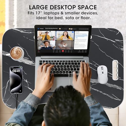 Dark Black Folding Laptop Bed Desk 23.6 Inch with Cup Holder & Marble Pattern