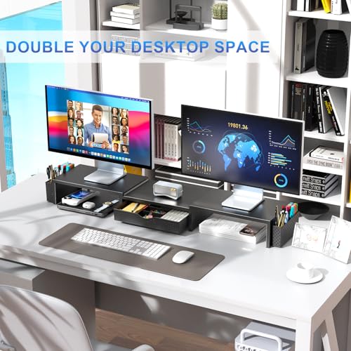 Gianotter Black Dual Monitor Stand Riser with Drawer & Pen Holders - Ergonomic Desk Organizer