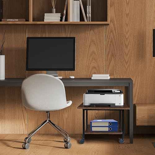 Printer Stand, Under Desk Printer Table with Wheels, 2 Tier Industrial Mobile Printer Table with Storage Shelf, Rolling Printers Cart Holder for Home, Office, Rustic Brown and Black