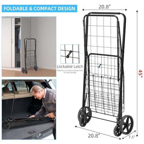 HABUTWAY Grocery Cart on Wheels with Removable Liner, Folding Shopping Cart,Heavy Duty Shopping Carts for Groceries,360¡Æ Rolling Laundry Cart,Lightweight Trolley for Seniors 220lb Capacity Black