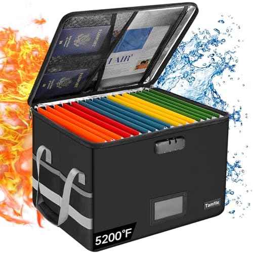 Large File Box with lock, Fireproof File Box for Documents, 5200¡ÆF Fire Resistant File Storage Box, Filling Cabinet with Handle for Hanging Letter/Legal Folder, Collapsible Filing Box for Home Office