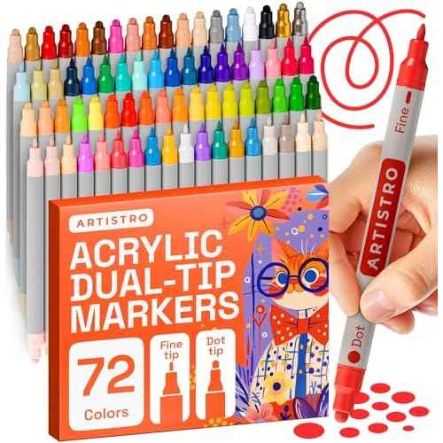 ARTISTRO 72 Acrylic Paint Markers for Rock, Fabric, Wood, Glass, Craft, Decoration - Dual-Tip Paint Pens - Stocking Stuffers, Christmas Gift Idea for Teens, Grandkids, Kids - Art Supplies