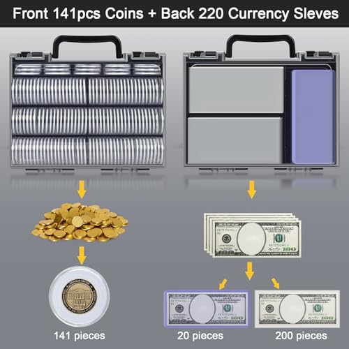 Coins Collector Case Holder Coin Capsules 46mm with 6 Sizes Foam Gasket (141 Pcs), Hard Paper Currency Sleeves (20 Pcs), Soft Dollar Bill Sleeves (200 Pcs) Storage Organizer Box (Black)