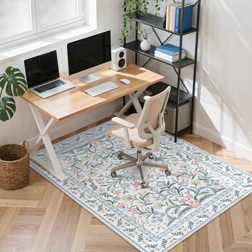 Anidaroel Office Chair Mat for Hardwood Floor/Tile Floor, 48"x60" Boho Floral Computer Chair Mats, Anti-Slip Beige Under Desk Rug for Office Home, Low Pile Floor Protector for Rolling Chair