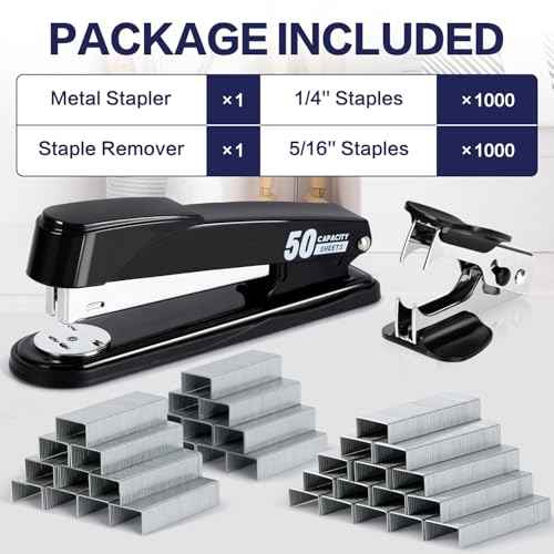 Deli Stapler Heavy Duty, Full Strip Staplers for Desk with 2000 Staples and Staple Remover, 50 Sheet Capacity, No Jam, Non-Slip Office Stapler with Staples for Office, Classroom, Black