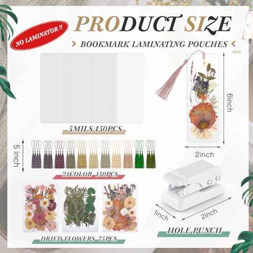 376 Pcs DIY Bookmark Making Kit, 150 Bookmark Laminating Pouches Bulk with 150 Tassels and Puncher DIY Projects Party Favor Gift for Reading Women Book Lovers(2 x 6 Inch,Retro Color)