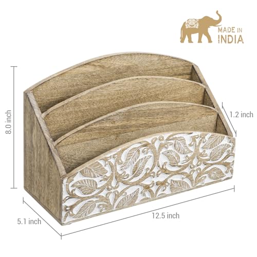 MyGift 3 Tier Rustic Solid Mango Wood Desk Mail Holder and Stationery Sorter with Hand Carved Leaf Pattern, Decorative Office Desktop Document Storage Organizer - Handcrafted in India