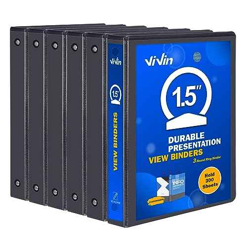 3 Ring Binder 1-1/2 Inch, ViVin Sturdy 1.5"-Round Ring Binder with 2 Interior Pockets, Clear View Cover, PVC-Free, Fits 300 Sheets of 8.5'' x 11'' Paper, Office Home School (6 Pack, Black)