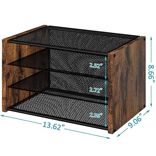 3-Tier Paper Letter Tray, Wooden Desk File Organizer, Stackable Metal Mesh Desk Organizer for Office Supplies. Small Paper Trays for Home Office School, Rustic Brown