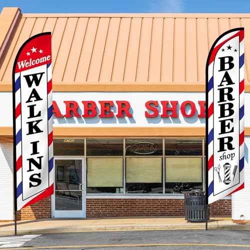 2 Pcs Barber Flag for Outside Barbershop Themed Swooper Flag Open Feather Barber Sign Welcome Banner for Salon Business Outdoor Advertising Outside(NOT INCLUDE POLE KIT)(12 x 2.5 ft)