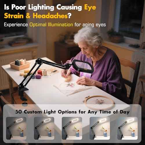 Magnifying Glass with Light Square Magnifier Desk Lamp 10X Close Up Work for Desktop Bench Crafting, Reading, Sewing, Ultra Stable Swing Arm, 5 Color Modes Design Rectangle Head
