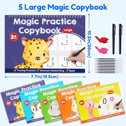 Kids Handwriting Practice Book Set with Magical Ink - Grooved Learning Workbook for 3-8 Years