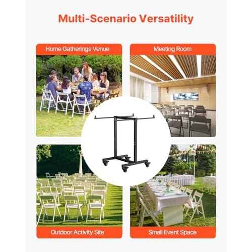 VEVOR Folding Chair Rack, 200 LBS Capacity, T-Shape Chair Cart for 14 Chairs, Heavy-Duty Metal Chair Storage Dolly with Rubber Wheels, Multi-Function Chair Holder for Party Event,Hotel, Matte Black