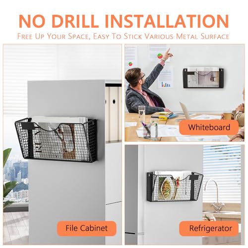 MFTEK Magnetic File Holder, 4 Pockets Magnetic File Folder Holder No Drilling Magnet Paper Mail Organizer Magazine Basket, Hanging Wall Storage Rack for Fridge Cabinets Office Classroom