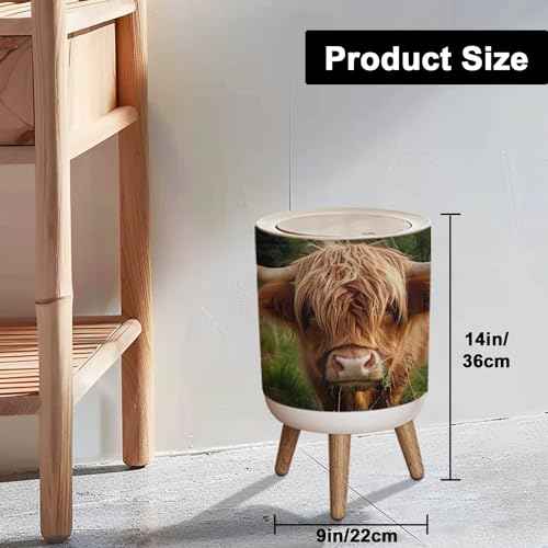 Small Trash Can with Lid for Bathroom Kitchen Office Funny Hairy Cow Highland Cattle Close up Garbage Bin Waste Basket Decorative 1.8 gallons, 14x9inch