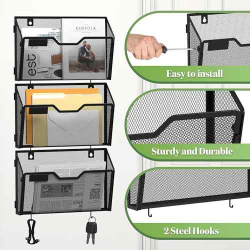 YINGHUA 6 Pack Mesh File Holders Wall Mounted - Durable Metal Hanging Organizer with Hooks - 12.6 Inch Vertical Wall Baskets for Mail Papers Office Home and School Storage - Black