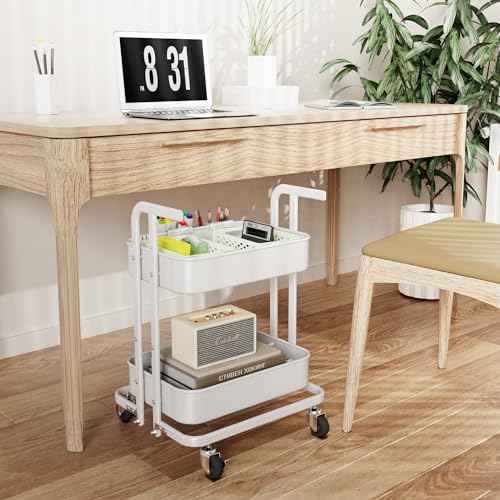 DTK 2 Tier Rolling Cart, Small Metal Utility Cart with Lockable Wheels, Foldable Craft Cart, 2 Shelf Folding Storage Trolley for Living Room, Kitchen, Bathroom, Bedroom and Office, White
