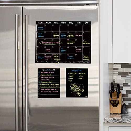 Magnetic Chalkboard Monthly Calendar with neon Bright Liquid Chalk Markers ? Black Refrigerator Monthly Planning Board w/Bonus - Grocery List and Notepad for Kitchen Refrigerator