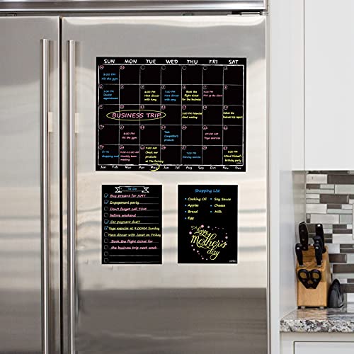 JJPRO Monthly Magnetic Chalkboard Calendar with Neon Liquid Chalk Markers - Black Refrigerator Planner Set