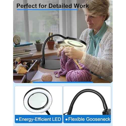 Magnifying Glass with Light and Stand, Hands Free Magnifying Lamp, 5 Color Modes 10 Dimmable Brightness, Metal Base Desk Magnifier Lamp for DIY Craft Reading Painting Sewing Hobby Detail Work