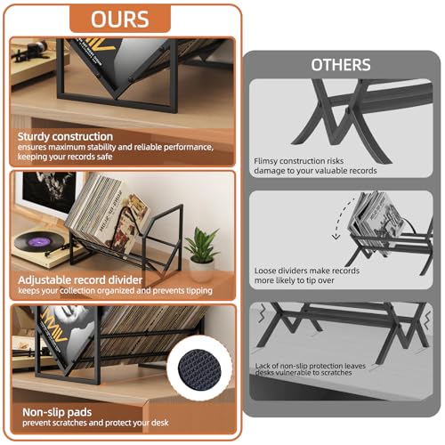 PAPAGIFTREE 2 Tier Vinyl Record Storage Rack - Holds up to 200 LPs, Metal Display Shelf with Adjustable Dividers