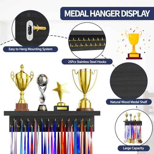 Medal Holder Display Trophy Shelf Organizer, Sturdy Wooden Race Award Hanger Rack with 25 Steel Hooks, Wall Mount Storage Stand for Sports Fans, Cheer Success
