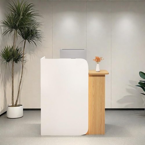 Small Reception Desk for Small Spaces with Lockable Drawer, Compact Office Desk & Salon Reception Counter | Curved Baffle Design, Modern L-Shaped Workstation, Secure Storage(White+Wood)