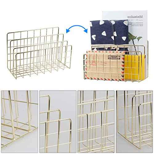 Desktop Mail Organizer File Organizer Metal Wire Mail Sorter Letter Organizer Magazine Rack for Letters, Mails, Books, Postcards, Brochures, Mail Holder (3 Slot, Gold)