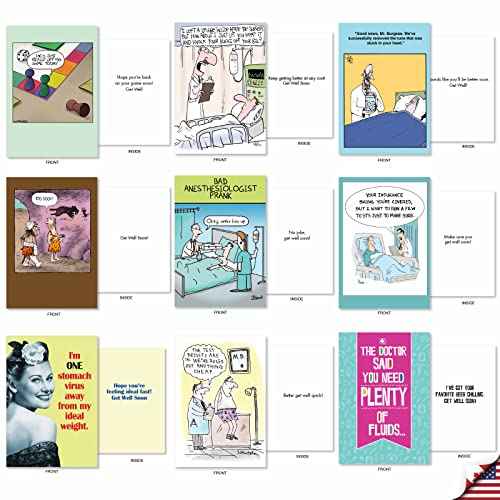 NobleWorks - 36 Assorted Hysterical Get Well Bulk Box Set Greeting Cards Envelopes - Mix Funny Feel Better Variety Pack for Men, Women (36 Designs, 1 Each) - Happy and Healthy AC2798GWG-B1x36