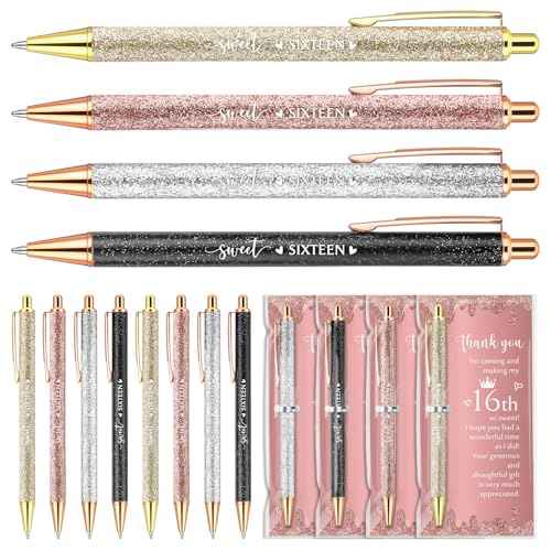 25 Sets Sweet 16th Birthday Party Favors for Guests, Include Sweet Sixteen Glitter Ballpoint Pens with Thank You Cards, Thank You for Coming to My 16 Years Birthday Party Supplies (Classic)