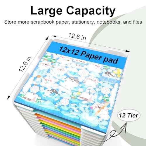 12x12 Paper Organizer, 12-Tier Scrapbook Paper Storage, Stackable Desktop File Holder for Home, Office, Classroom, and Craft Room