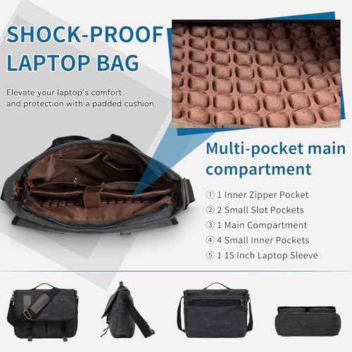 VX VONXURY 15.6 Inch Laptop Bag Mens Messenger Bag,Water Resistant Canvas Multipocket Satchel Shoulder Bag for Men, Business, Work, Travel, College