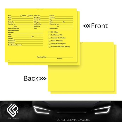 Printed Vehicle Deal Jackets Envelopes Folders for Auto Car Dealerships - 9x12 Size - Dealer Supplies - New and Used Cars - 100 Quantity (Yellow)