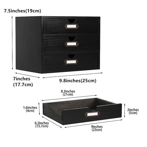 PACKGILO Wooden Storage Box Rustic Desktop Organizer with 3 Drawers Office Desk Accessories Shelf Small Craft Storage Containers Apothecary Cabinet and Chest Jewelry Holder for women(BLACK)