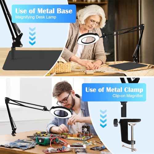 2-in-1 Desk Lamp & Clamp Light, 10X Magnifying Glass with Light and Stand, 5 Color Modes 10 Brightness Dimmable LED Desk Lamp,14.5inch Adjustable Swing Arm for Reading Crafts Painting Close (Black)