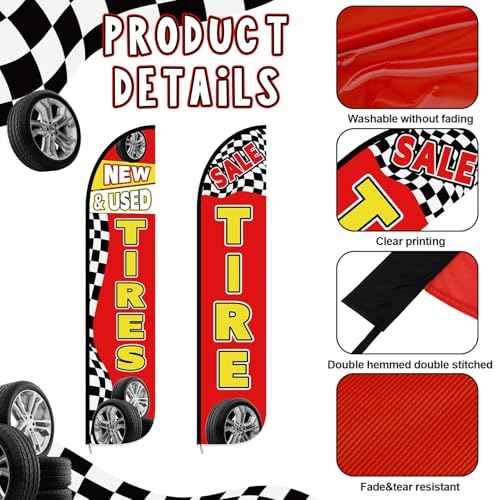 2 Pack 12 Feet Tire Sale King Flags New and Use Tires Shop Feather Flags for Businesses Highly Visible Weatherproof Polyester Banner Sale Advertising Sign No Flagpole Include(Fashionable)