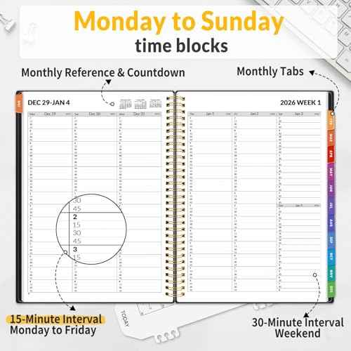 SUNEE 2026 Appointment Book, Quarter-Hourly, Weekly & Monthly - from January 2026 - December 2026, 8.5"x11" Weekly Planner, Flexible Cover, Note Pages, Pockets, Bookmark, Spiral Binding, Black