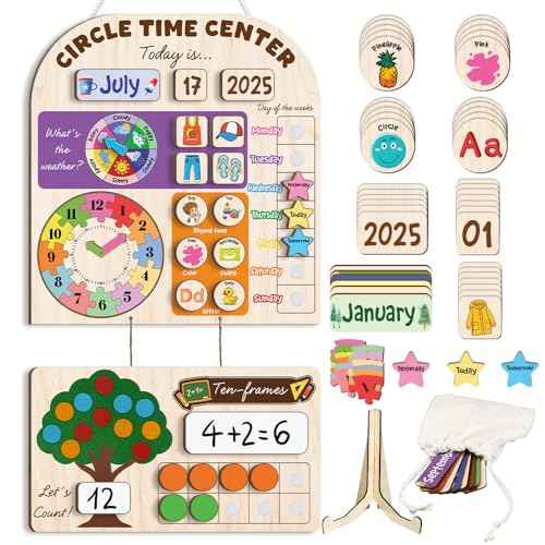 Interactive Calendar for Kids Ages 3-8, Circle Time Learning Center, Wooden Kids Calendar, Teaching Seasons, Years, Months, Days of Week, Language Skills, Preschool & Homeschool Calendars