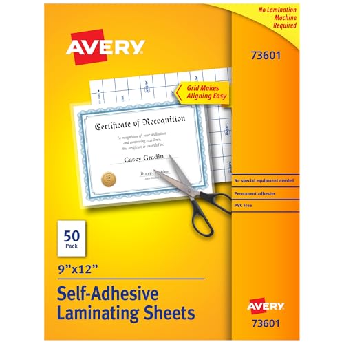 Avery Clear Laminating Sheets 9x12 Inches - 50 Self-Adhesive, Permanent, Glossy Protect for Documents & Photos