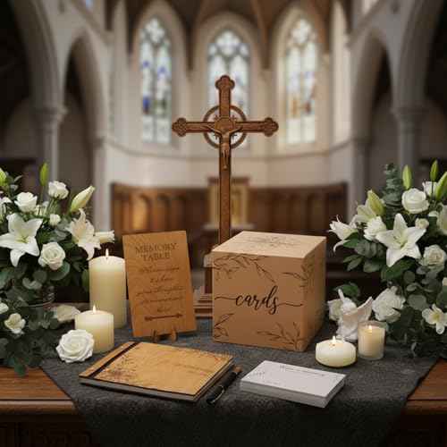 Yexiya 64 Pcs Celebration of Life Guest Book Set, Cherry Wood Funeral Guestbook with Floral Laser Engraving, 60 Share a Memory Cards, Card Box, Sign & Pen for Memorial Service Farewell Party