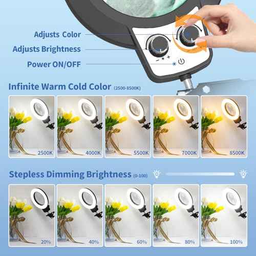 12X Magnifying Glass with Light, 2025 New Upgrade Infinite Color and Stepless Dimming Desk Large Lamp & Clamp, 2-in-1 LED Hands Free Lighted Magnifier Stand for Crafting Hobby Soldering Reading